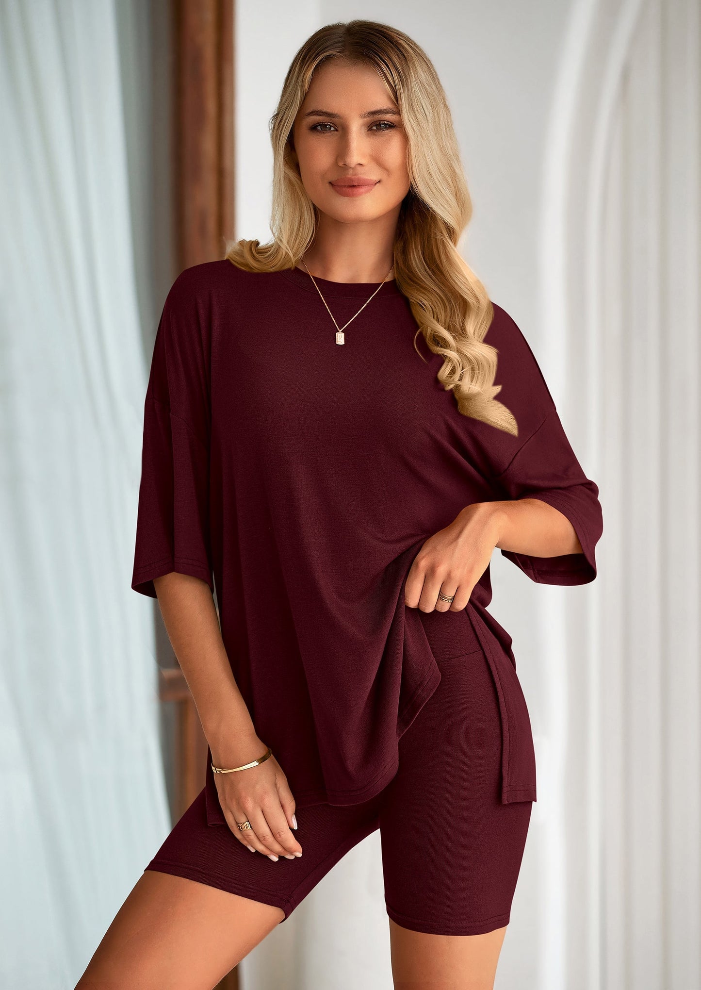 Women's Two Piece Lounge Set Summer Casual Oversized Shirts Biker Shorts Matching Airport Travel Outfit