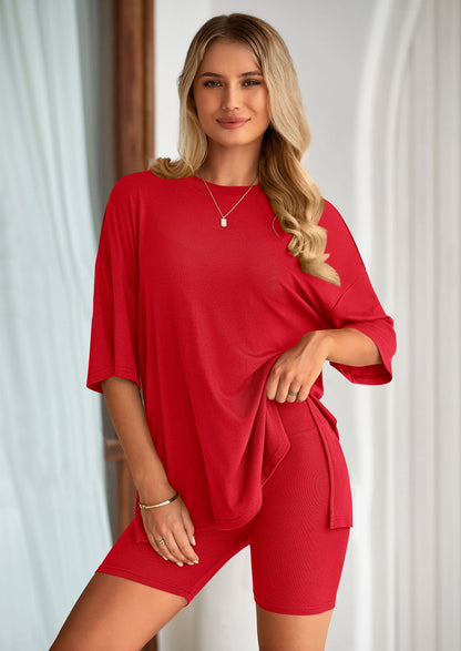 Women's Two Piece Lounge Set Summer Casual Oversized Shirts Biker Shorts Matching Airport Travel Outfit