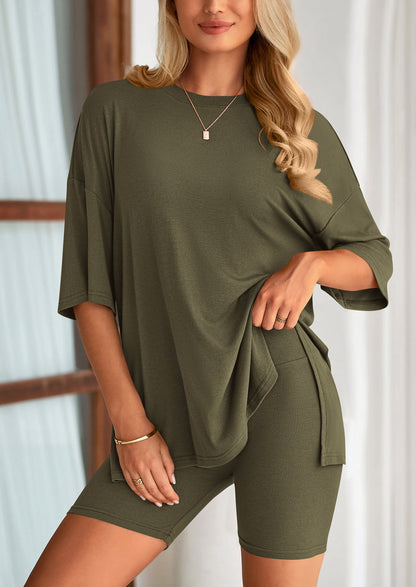 Women's Two Piece Lounge Set Summer Casual Oversized Shirts Biker Shorts Matching Airport Travel Outfit