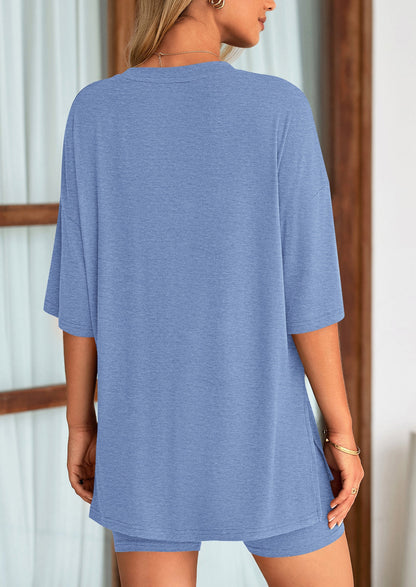 Women's Two Piece Lounge Set Summer Casual Oversized Shirts Biker Shorts Matching Airport Travel Outfit