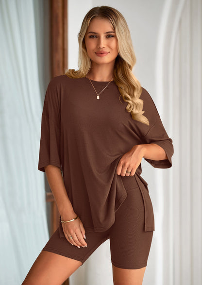Women's Two Piece Lounge Set Summer Casual Oversized Shirts Biker Shorts Matching Airport Travel Outfit