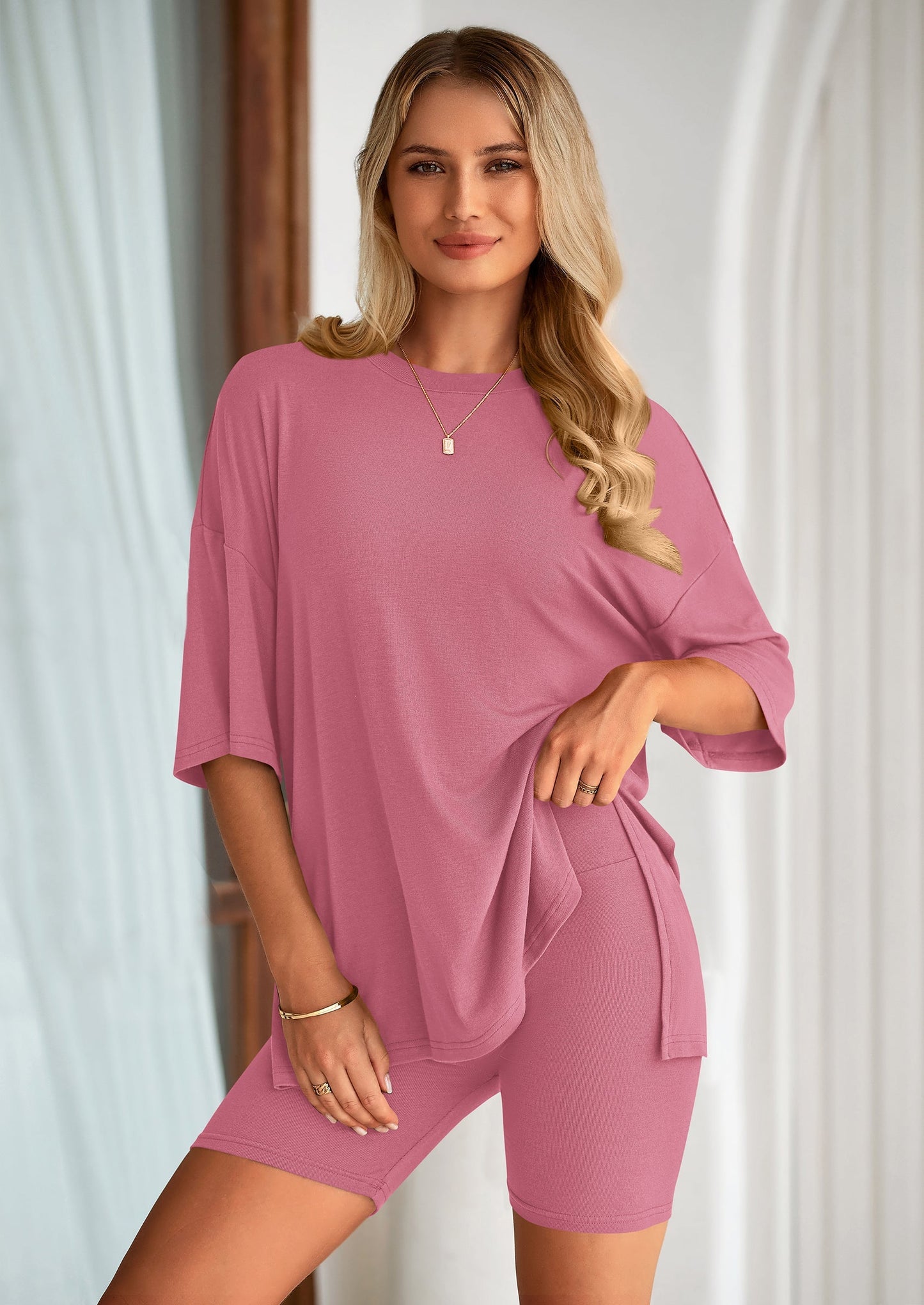 Women's Two Piece Lounge Set Summer Casual Oversized Shirts Biker Shorts Matching Airport Travel Outfit